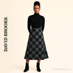 David Brooks A Line Midi Skirt Windowpane Plaid Side Zip Flare Hem Black Gray 12